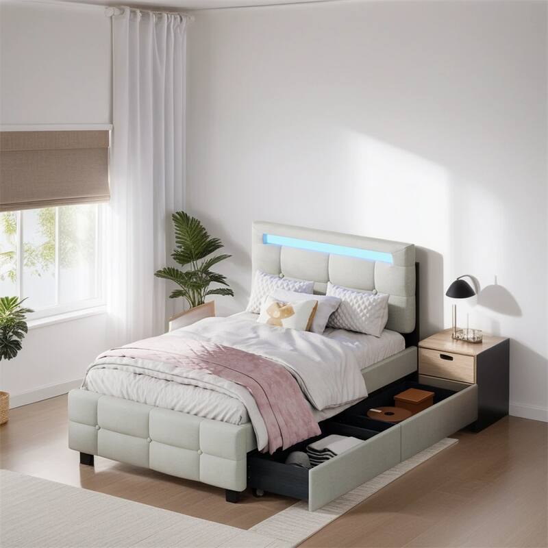 Bed Frame,Upholstered Platform Bed w/LED Frame & Drawers,Linen Fabric