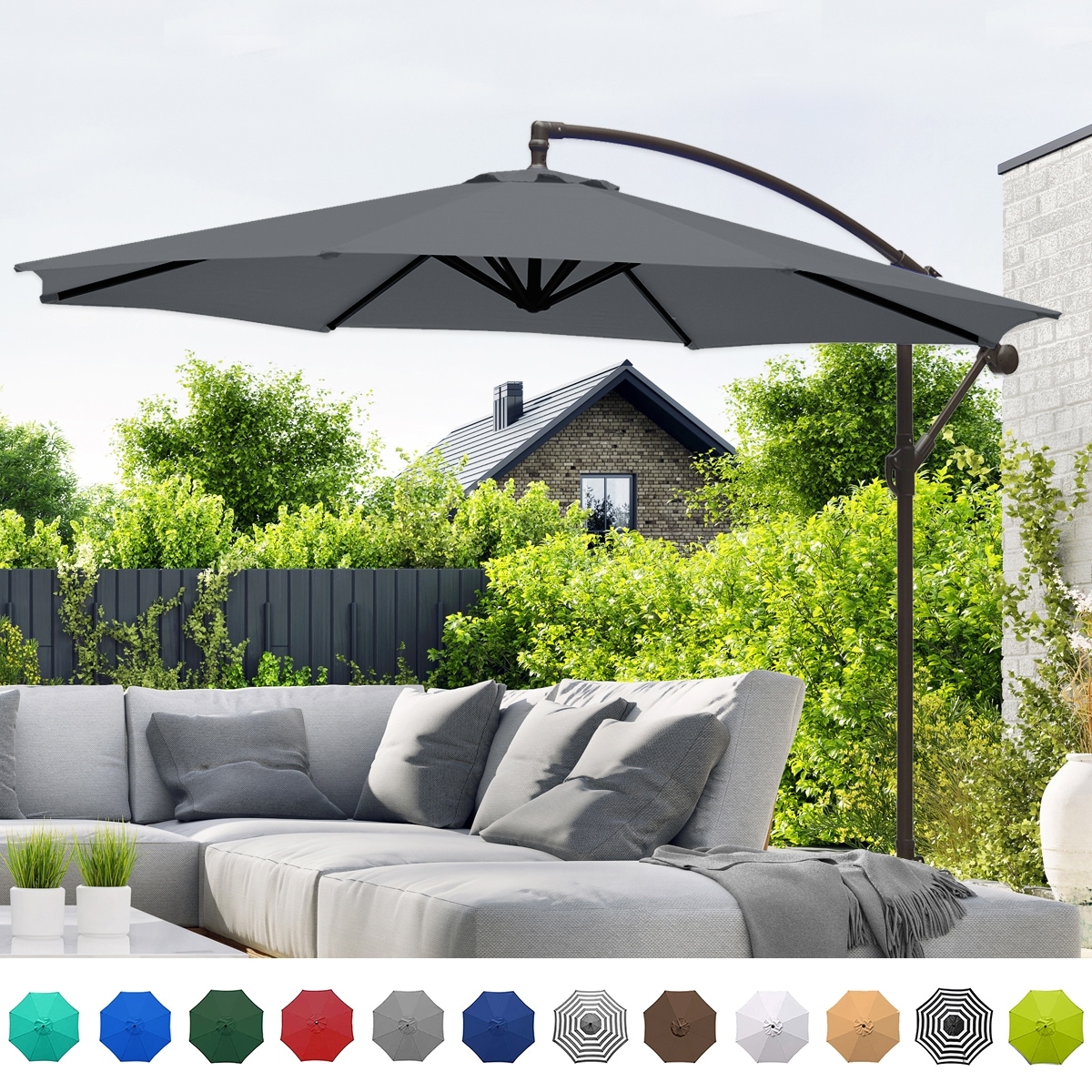 New Hanging Patio Umbrella 10ft Offset Rectangular Cantilever with Cross Base 