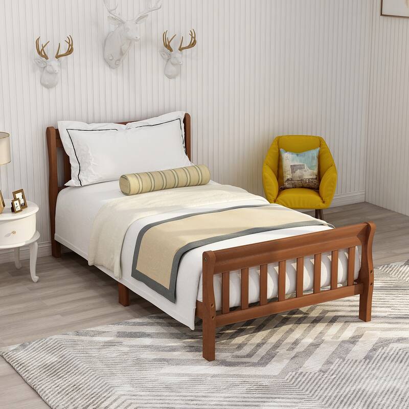 Wood Platform Bed, Twin Bed Frame Panel Bed, Mattress Foundation Sleigh Bed with Headboard/Footboard/Wood Slat Support