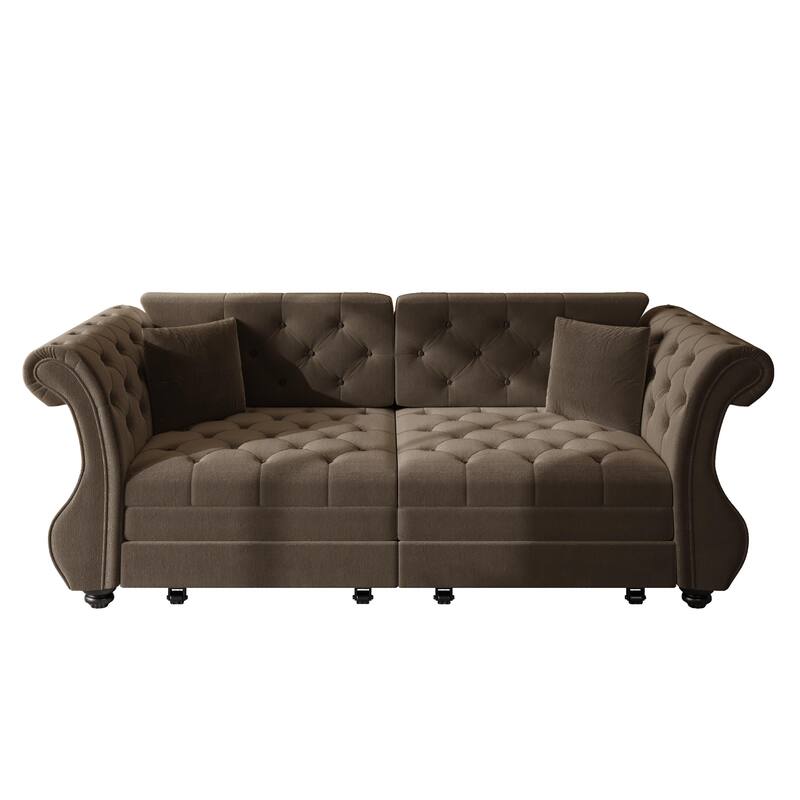 83.8" Chesterfield Velvet Pull-Out Sofa Bed, Classic Roll Arm Sleeper Couch with Elegant Flower Tufting