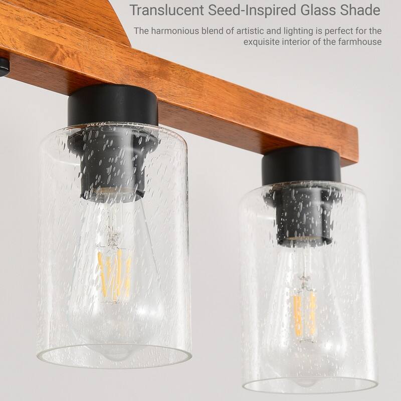 Farmhouse Chandelier for Dining Room Kitchen Island Rustic Wood Linear Pendant Light with Seed Glass Shade