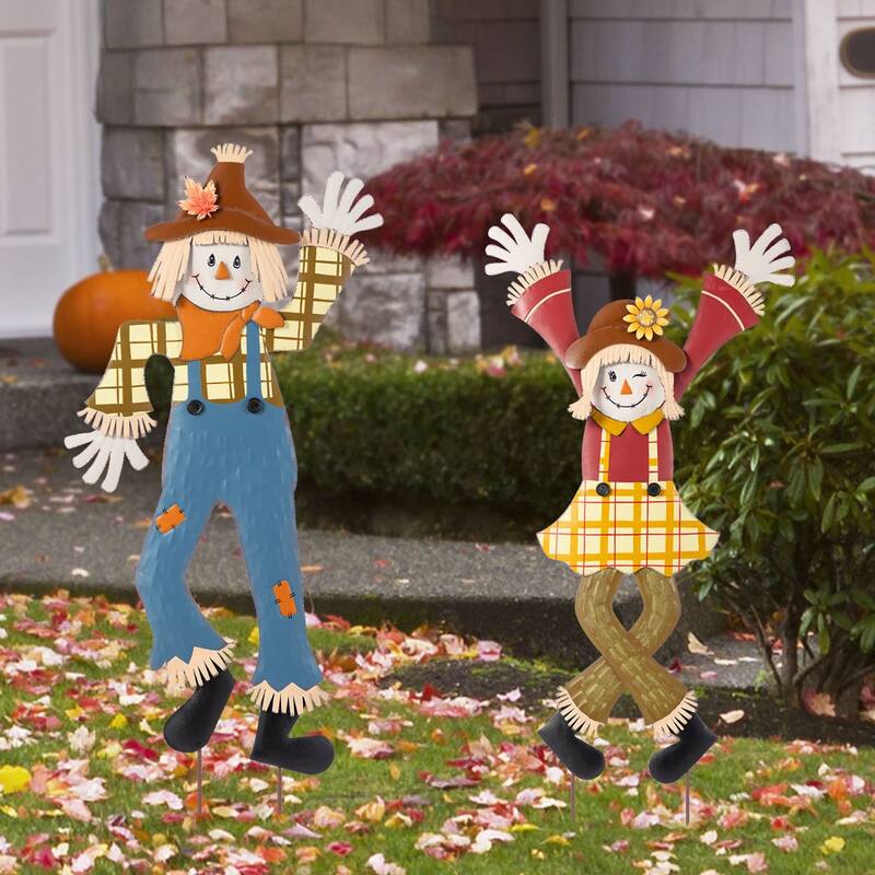 Glitzhome 36"H Set of 2 Fall Metal Cheerful Harvest Scarecrow Girl & Boy Yard Stake