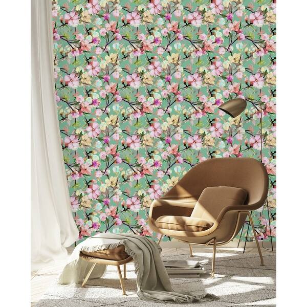 Green Wallpaper with Pink Flowers Peel and Stick and Prepasted Bed