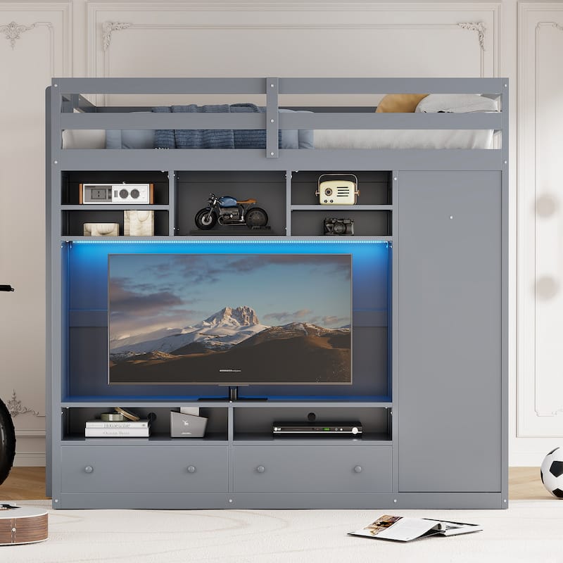 Full Size Loft Bed with Drawers, Shelves, and LED Light - Gray