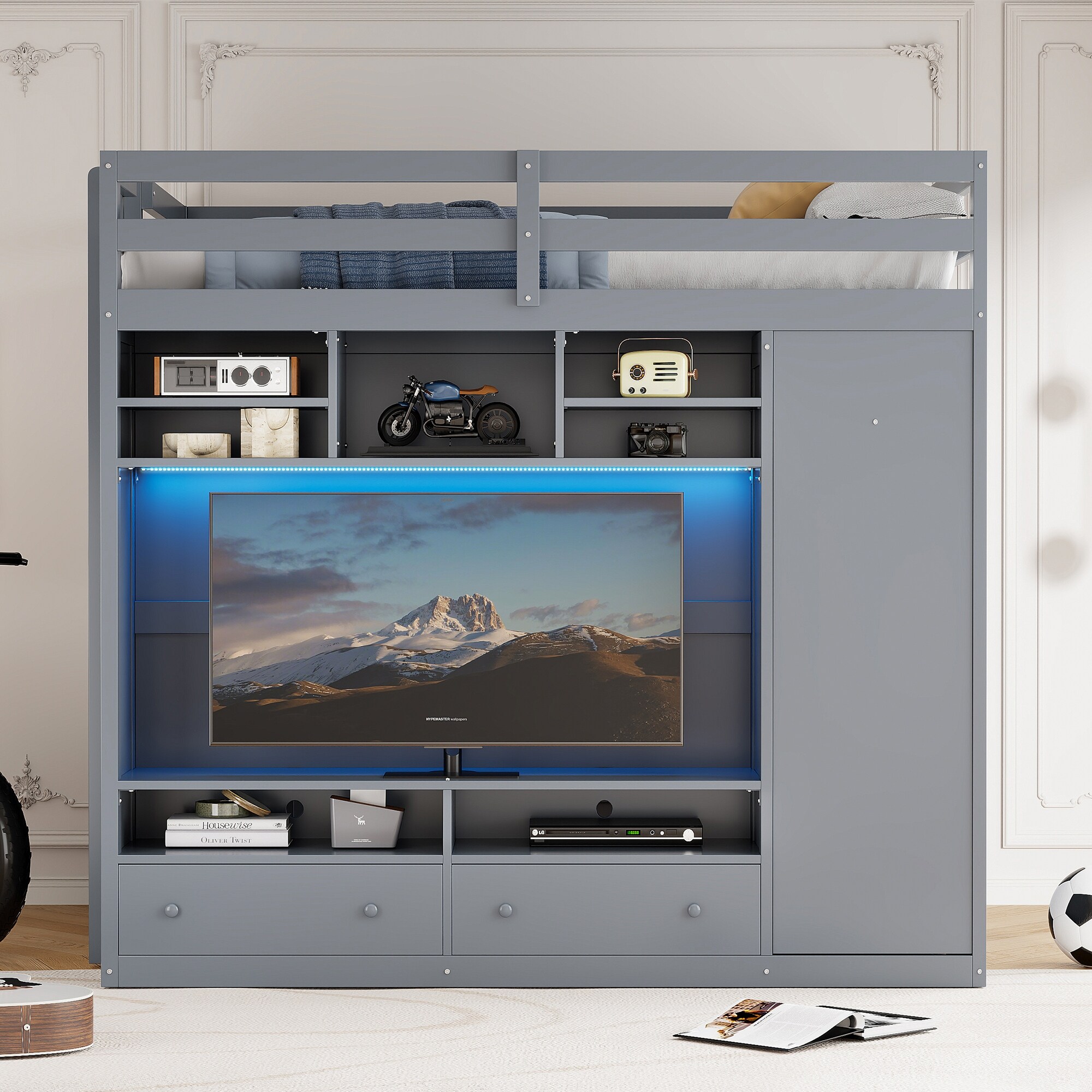 Full size Loft Bed with Drawers, Shelves and Light