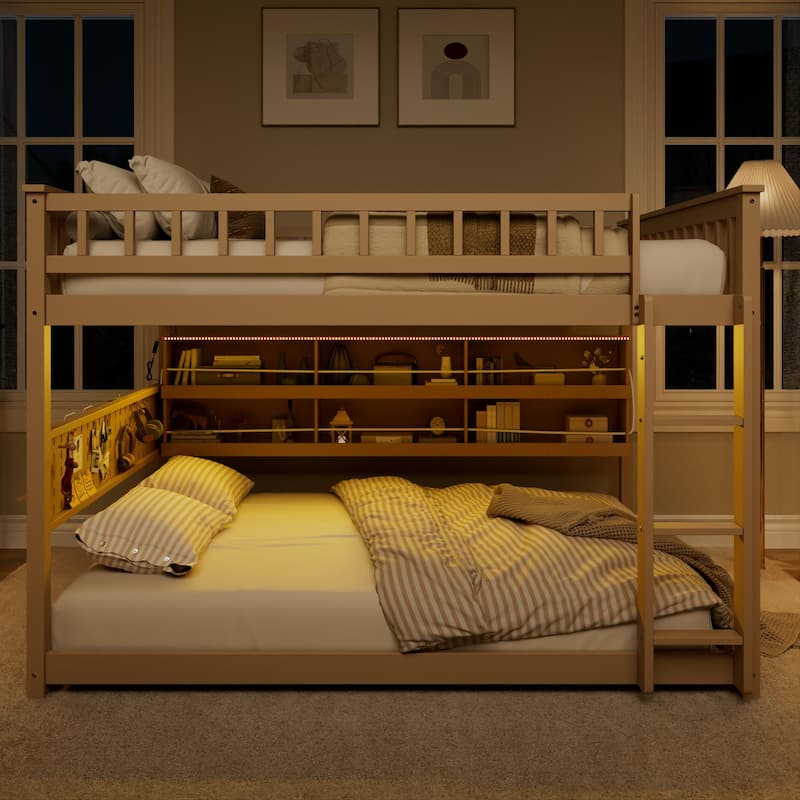 Full XL over Queen/Full over Full Bunk Bed with Integrated Shelving, Color-Changing Lights & Pegboard