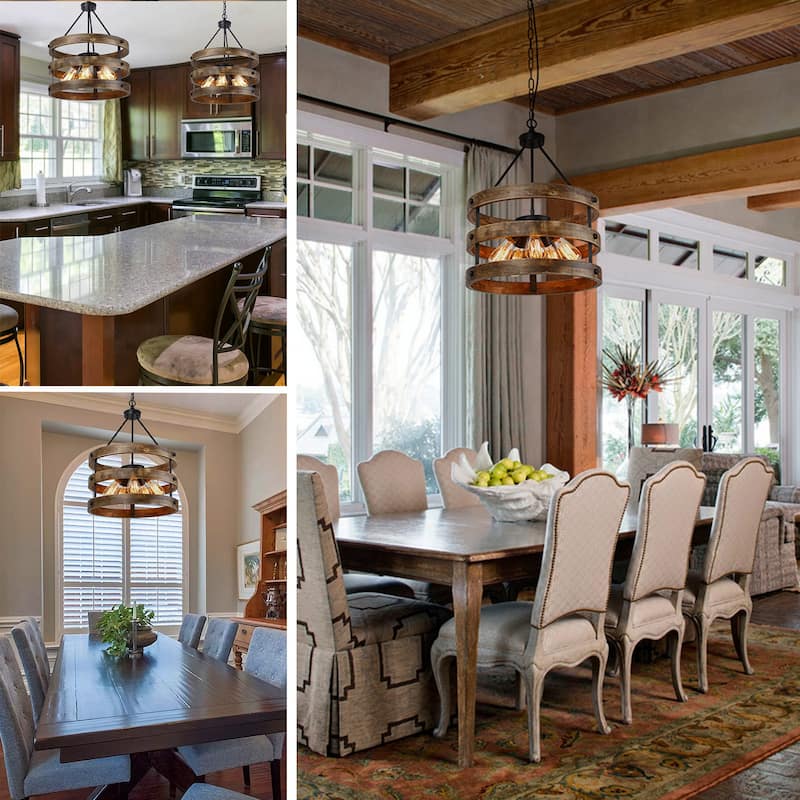Modern Farmhouse 5-Light Drum Wood Chandeliers Cage Pendant Light for Dining Room - 18" D x 23" H