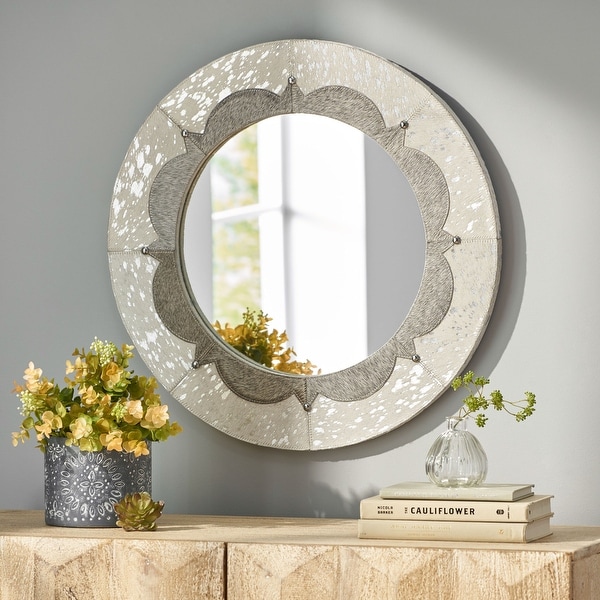 Crowe Indoor Leather Handcrafted Studded Round Wall Mirror by Christopher Knight Home. Opens flyout.