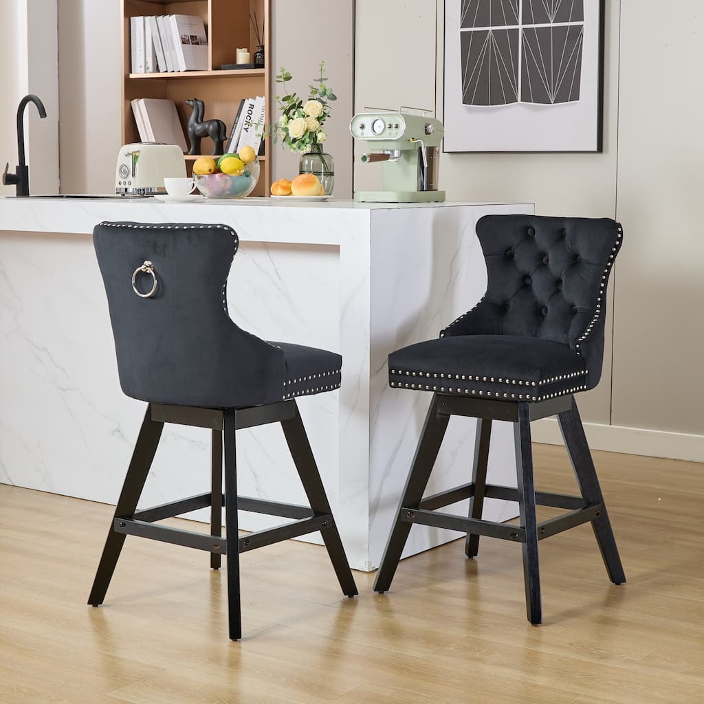 Set of 2 Swivel Velvet Bar Stools with Button Tufting, Wood Legs & Chrome Nailhead Trim - Black