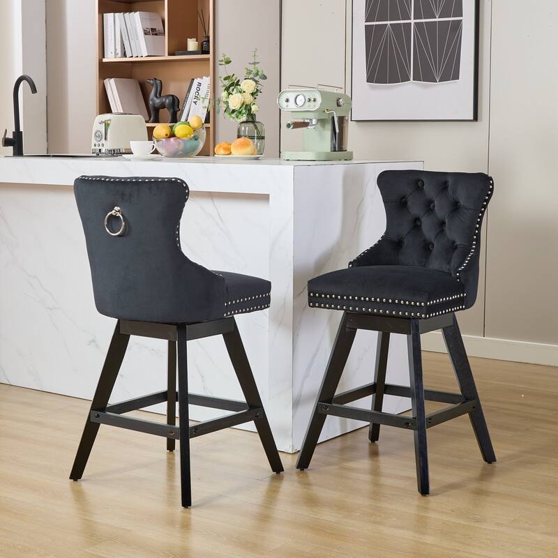 Swivel Bar Stools Set of 2, Velvet Counter Height Barstools with Wooden Legs, Kitchen Island Chairs with Button Backrest - Black