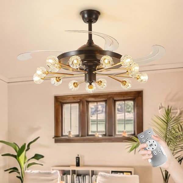 slide 2 of 21, 48 Inch Retractable Clear 4-Blade Modern Sputnik Ceiling Fans with Light (excl.bulb) Luxury Chandelier Black and Gold 1