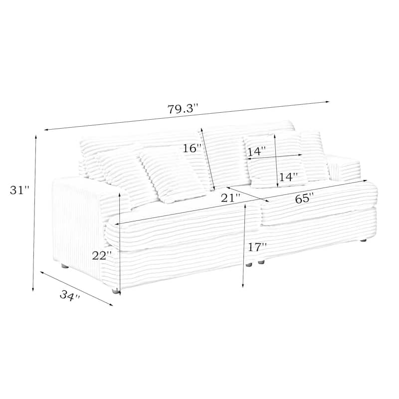Corduroy Upholstered 3 Seater Sofa, Oversized Cloud Deep Seat Couch with 4 Lumbar Pillows, Loveseat for Living Room, Apartment