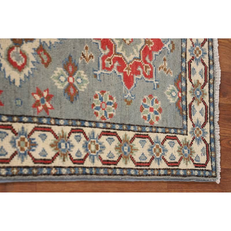 Gray Geometric Kazak Oriental Runner Rug Hand-Knotted Wool Carpet - 2'2" x 6'0"