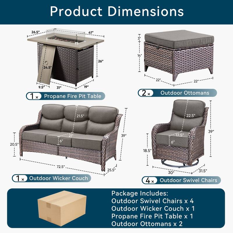 Pocassy Outdoor 6 Inch Sofa Chair Ottoman with Fire Pit Table Set