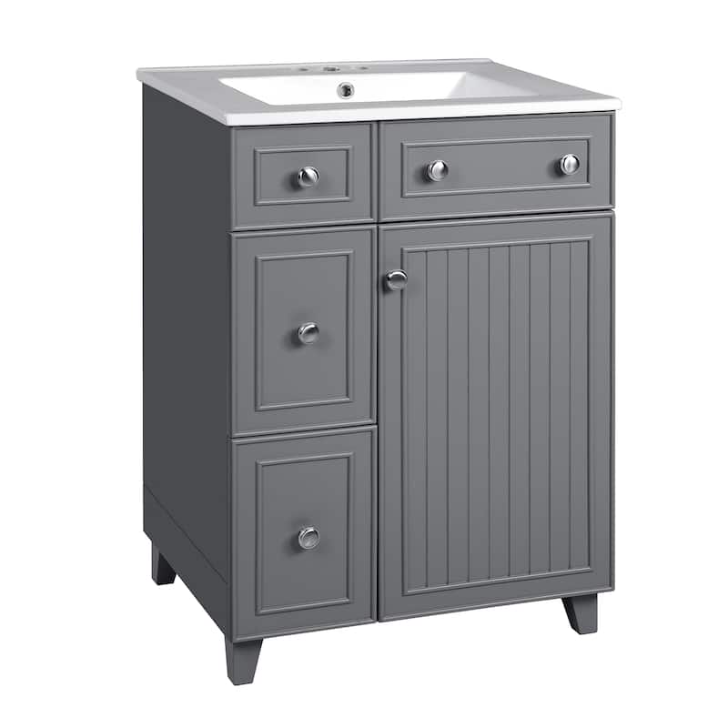 24"Bathroom Vanity Cabinet with Ceramic Sink, 2 Drawers, 1 Soft-Close Door