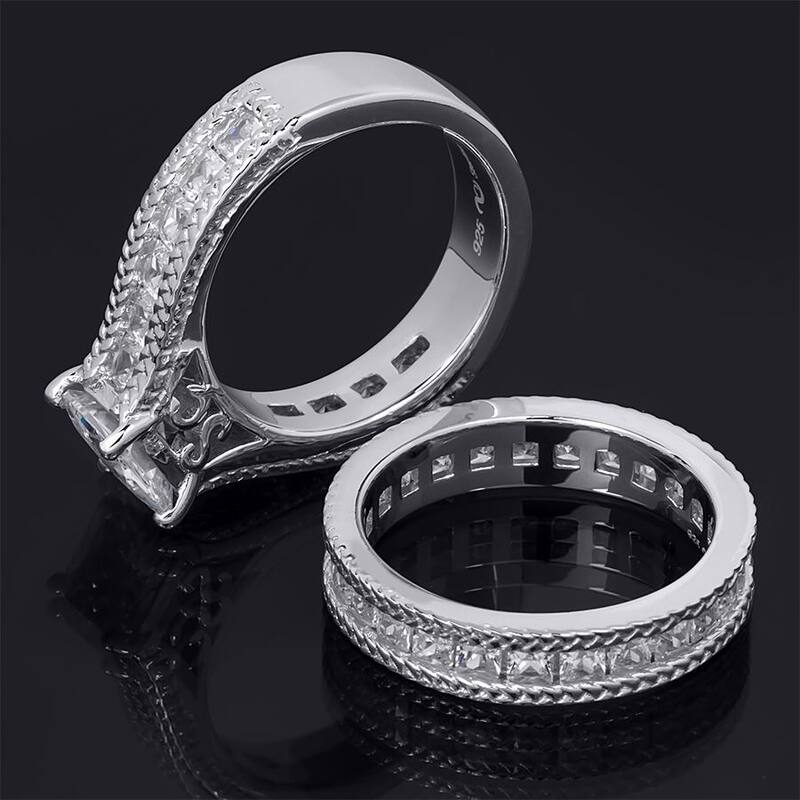 Womens 4.3ct Princess Cut Eternity Band Bridal Ring Set Real Silver