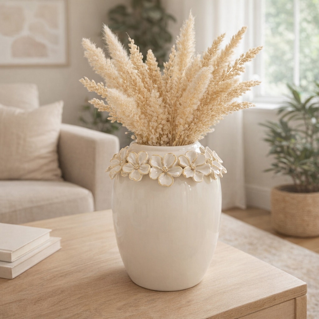 Textured Floral Rim Ceramic Flower Vase for Home Decor
