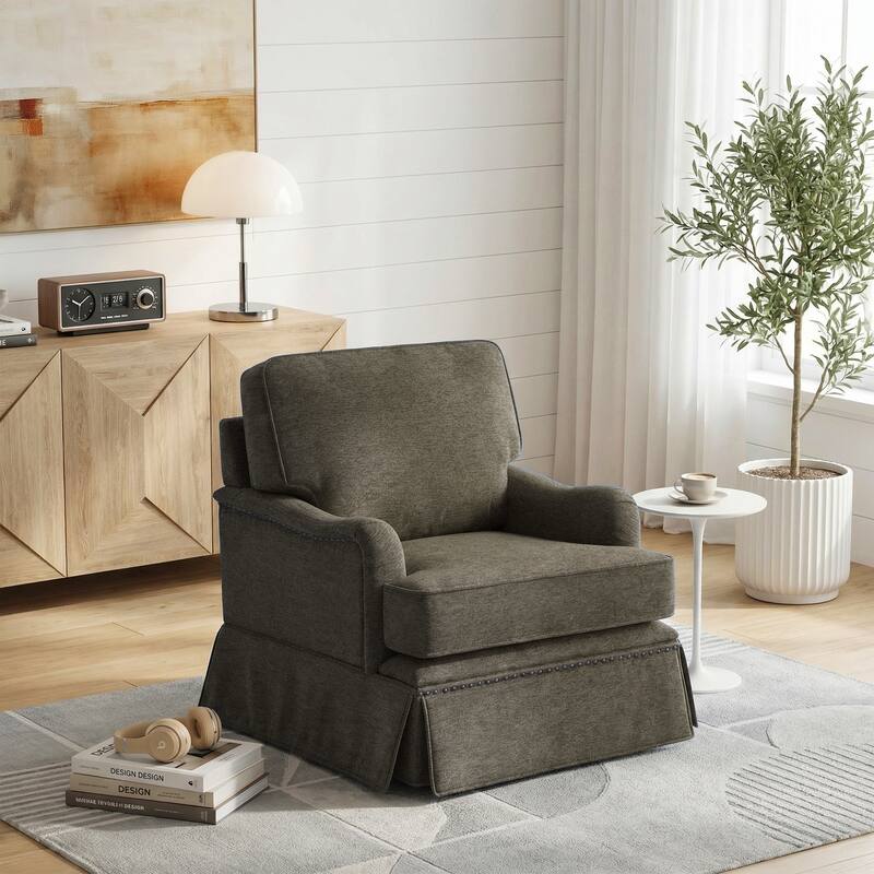 Modern Chenille Swivel Armchair and Storage Ottoman - Single Chair - Tan