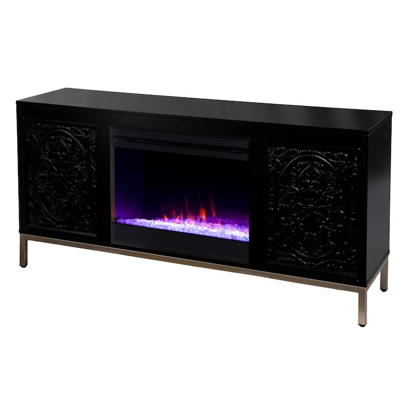SEI Furniture Whitwell Black Wood Media TV Stand with Color Changing Fireplace Insert for TV's up to 56"