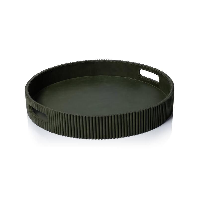 Round Fluted Green Leather Tray - 18"