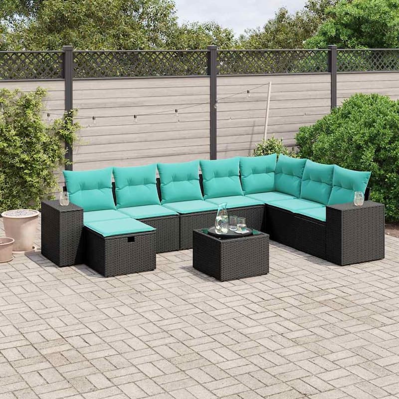 vidaXL Patio Sofa Set with Cushions Outdoor Conversation Furniture Poly Rattan - 24.4" x 24.4" x 27.2" - Black