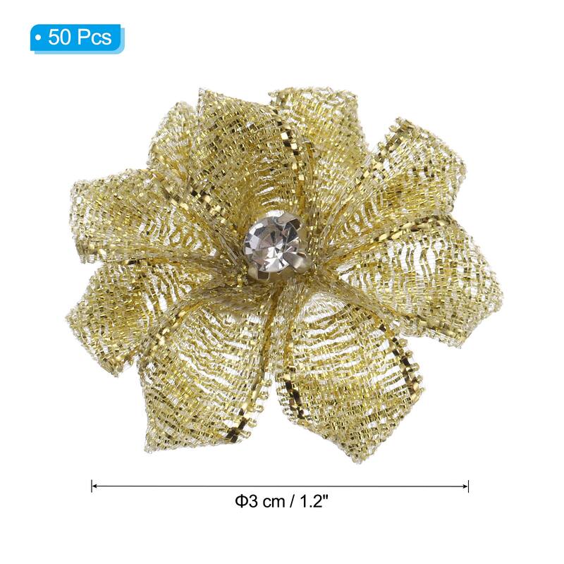 50Pcs Small Ribbon Flowers Satin Ribbon Flowers Mini Fabric Flower - 3cm - Gold Tone
