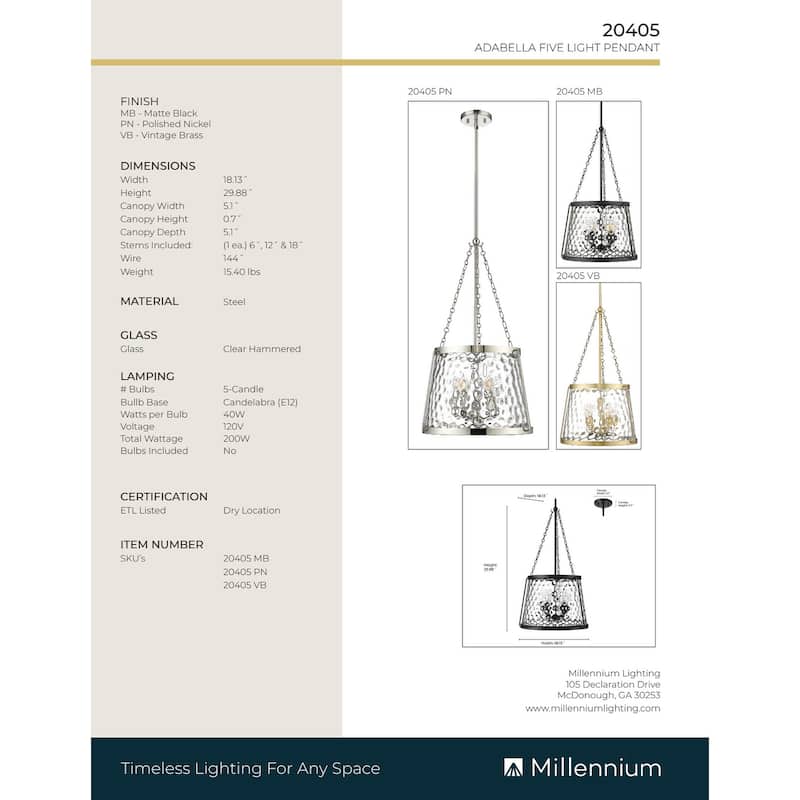 Millennium Lighting Adabella 3/5 Light Pendant Fixture