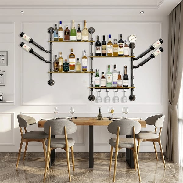 Industrial Pipe Bar Wall Shelf Floating Shelves with Wine Glass Holder - Brown
