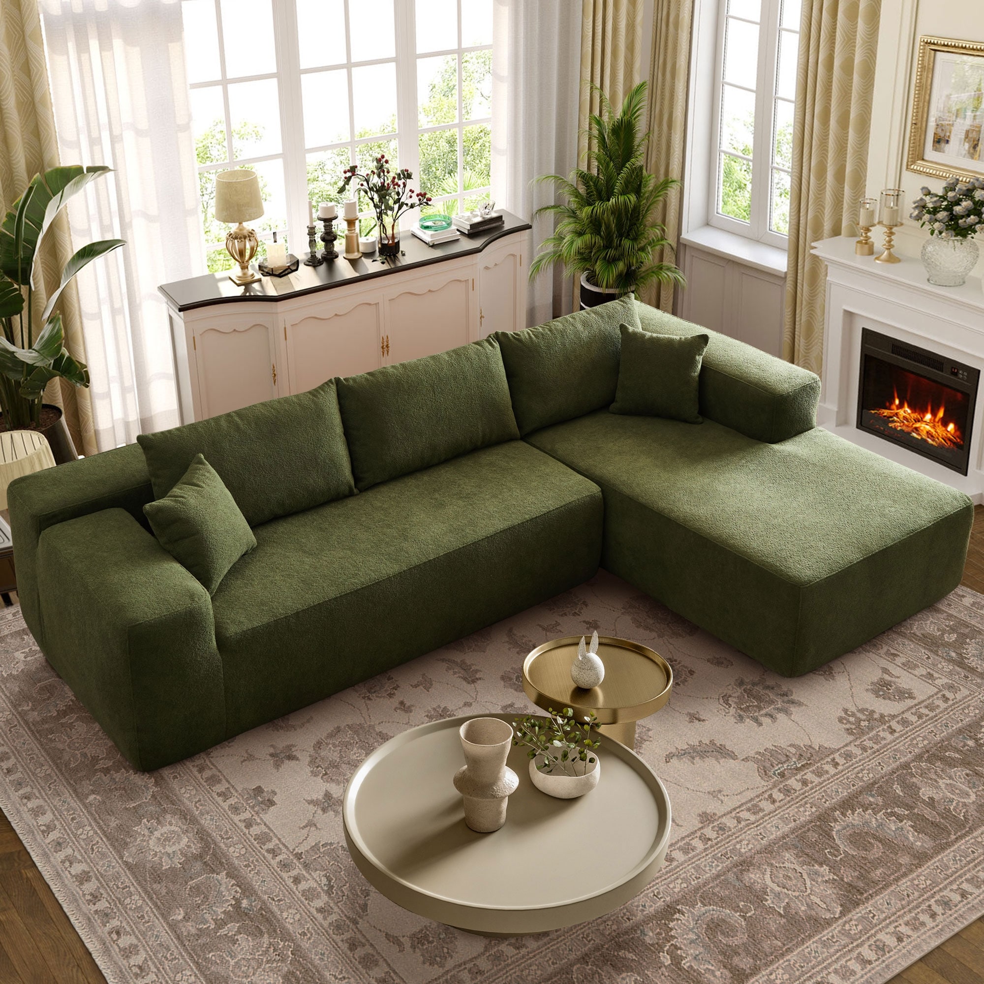 OVIOS Cloud Velvet Non-Assembly Chaise Sofa Couch with Pillow-Green