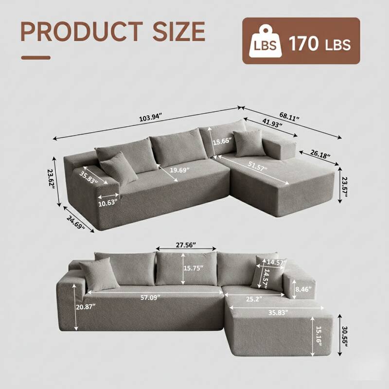 103.54" L-Shaped Modern High-Density Sponge Velvet Modular Sectional Sofa with Chaise & Pillows
