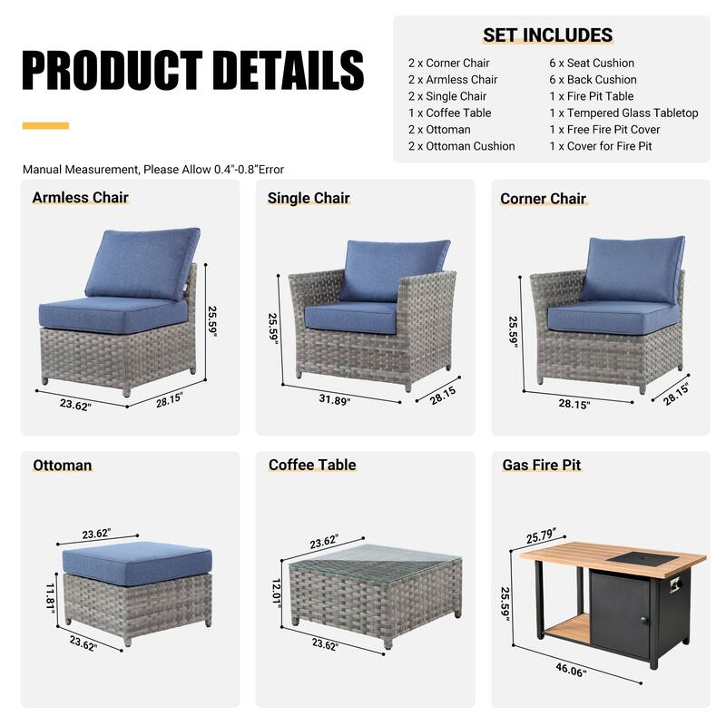 HOOOWOOO 10-piece Grey Wicker Patio Outdoor Furniture Set with Fire Pit
