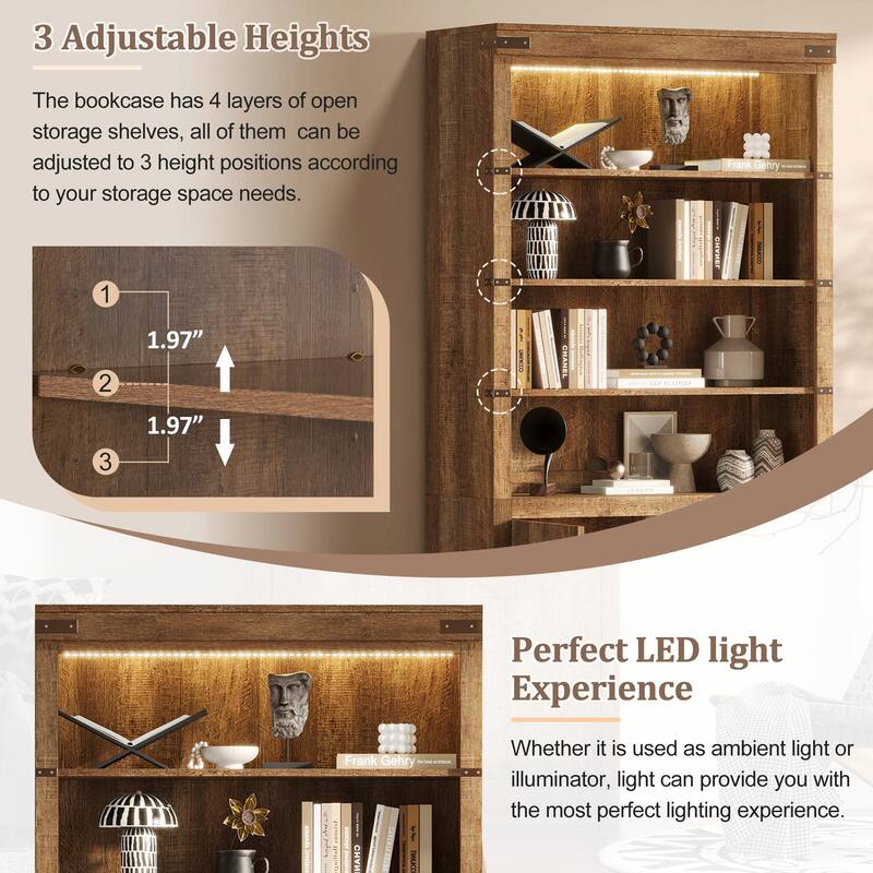83.4" Tall Modern Bookshelf with Doors, Farmhouse Bookcase Featuring 3-Tier Adjustable Shelves & LED Display Lighting