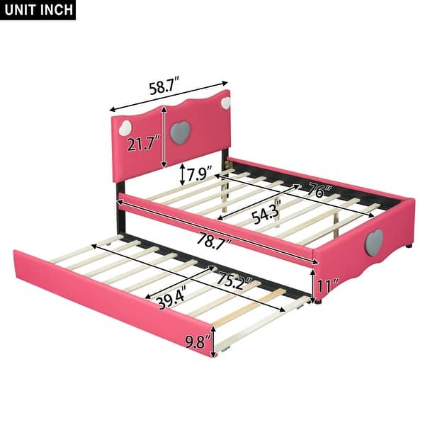 Full Size Upholstered Platform Bed with Trundle and Heart Shaped Decoration in Dark Pink