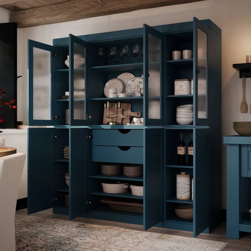 Palace Imports 100% Solid Wood 65" Pantry Cabinet with Frosted Glass, Shaker Doors, 2-Drawers and Adjustable Shelves - Teal Blue