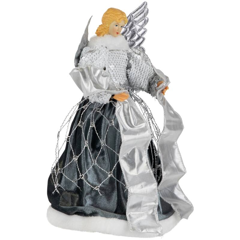 12" Slate Metallic Silver Sequined Angel Christmas Tree Topper, Unlit