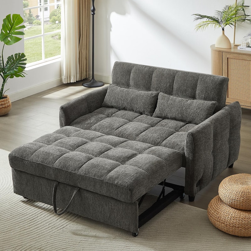 Chenille Loveseat Sofa Pull-out Sofa Bed, Upholstered Futon Sofa Adjustable Backrest Lounge Couch w3 USB Ports & 2 Pillows - Grey