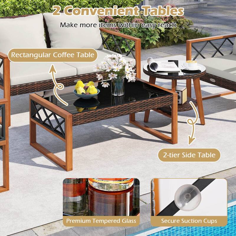 Gymax 5 PCS PE Wicker Patio Furniture Set w/Acacia Wood Frame Cushions