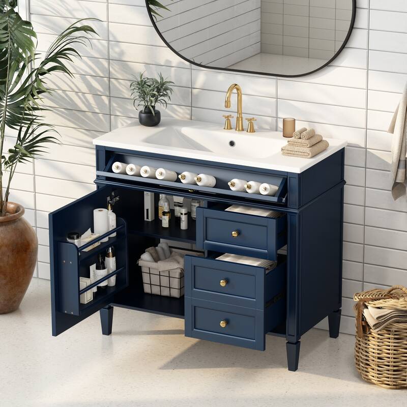 GDFStudio - Riviera Modern Bathroom Vanity with Resin Sink, Tip-Out Drawer and Adjustable Storage - 36'W