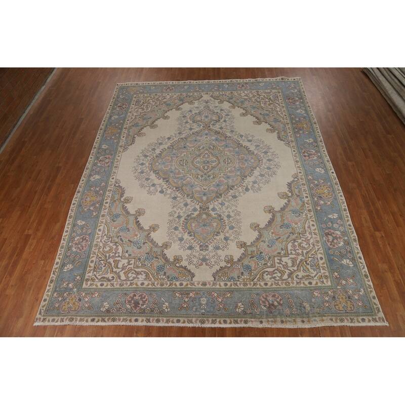 Geometric Tabriz Persian Area Rug Hand-Knotted Beige Wool Carpet - 9'10"x 12'6"