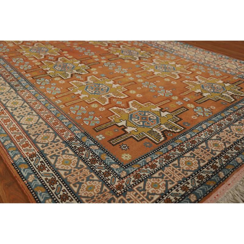Hand Knotted Oriental 100% Wool Carpet Traditional Geometric Oranges & Rust Sumak Area Rug - 7' 6'' X 4' 10''