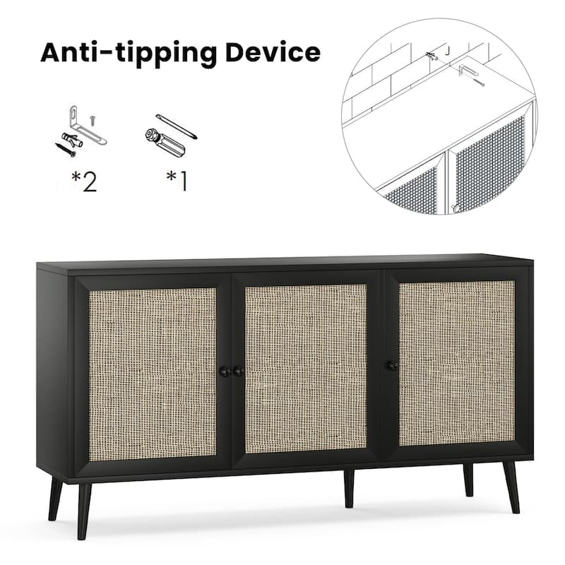 Sideboard Buffet Cabinet with 3 Rattan Doors,Modern Kitchen Storage Console Cabinet for Entryway Living Room (Large)