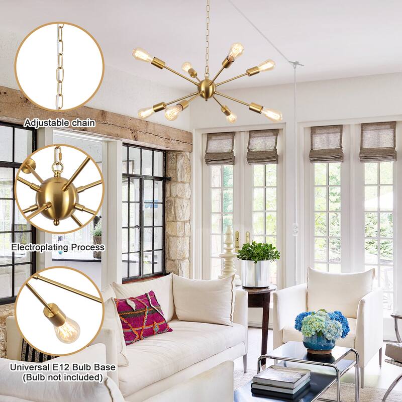 8-Light Hanging Sputnik Linear Chandelier Lighting with Plug for Kitchen Island