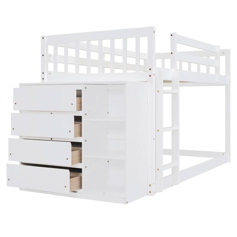 Twin Over Twin/Full Over Full Floor Bunk Bed with Drawers and 3 Storage Shelves, Solid Wood Low Bunk Bed Frame with Ladder