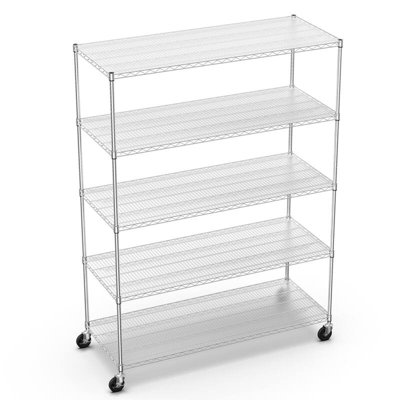 5 Tier Adjustable Metal Wire Shelf Unit with Wheels and Shelf Liners