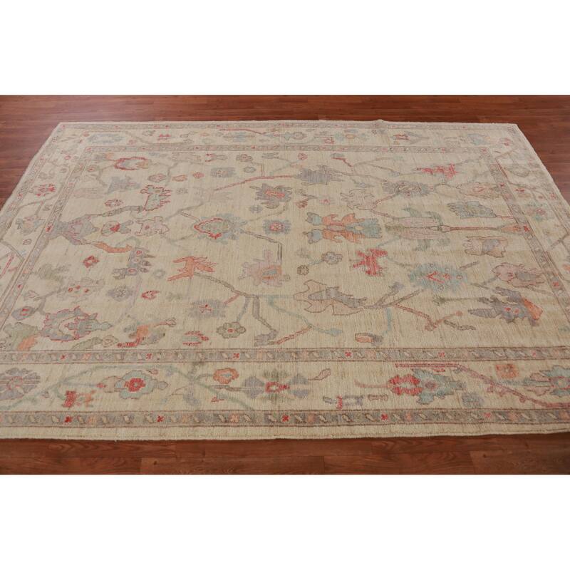Hand Knotted Oriental 100% Wool Carpet Transitional All-Over Beige & Ivories Oushak Area Rug - 9' 2'' X 6' 2''