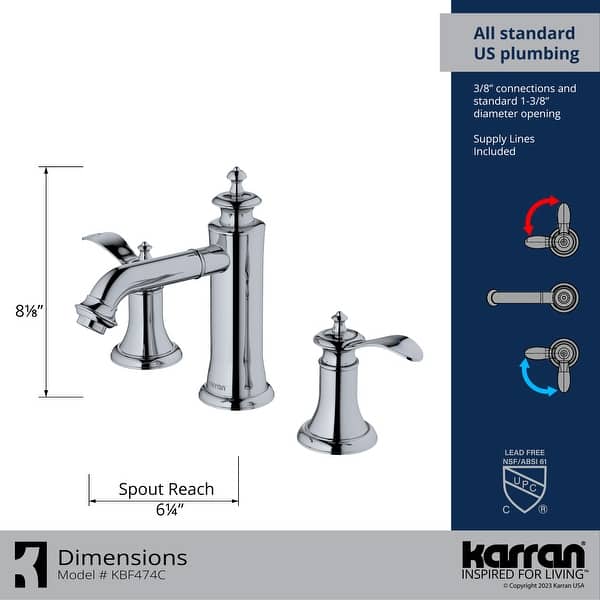 dimension image slide 3 of 4, Karran Vineyard KBF474 2-Handle Three Hole Widespread Bathroom Faucet with Matching Pop-up Drain