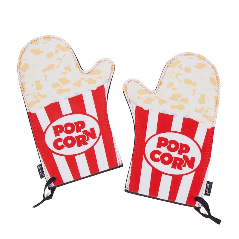 Creative Home Set of 2 (One Pair) Neoprene Oven Mitt Heat Resist Kitchen Gloves Pot Holder Grabber - Pop Corn - 7.9" x 13.2" - Red