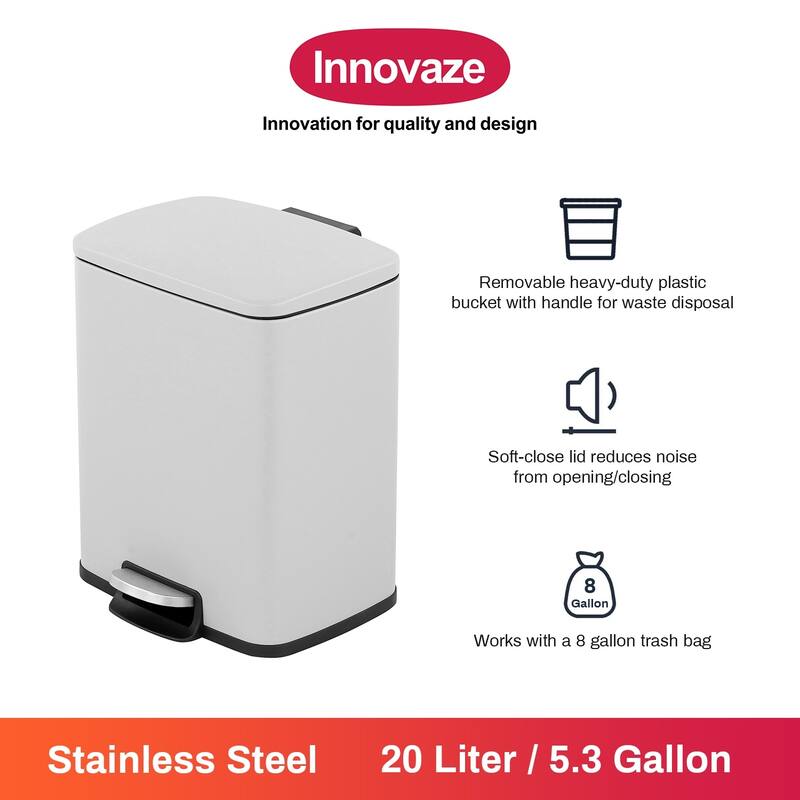 Innovaze 5.3 Gal./20 Liter Rectangular Stainless Steel step-on Trash Can for kitchen
