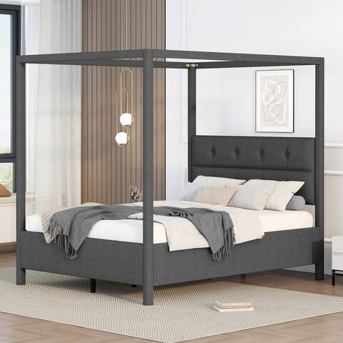 Queen Size Upholstery Canopy Platform Bed with Headboard,Gray