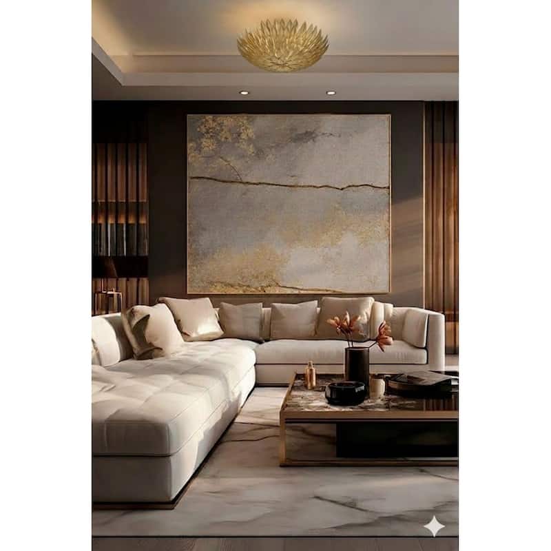 Transitional 3 Light Gold Leaf Round Metal Frame Flush Mount